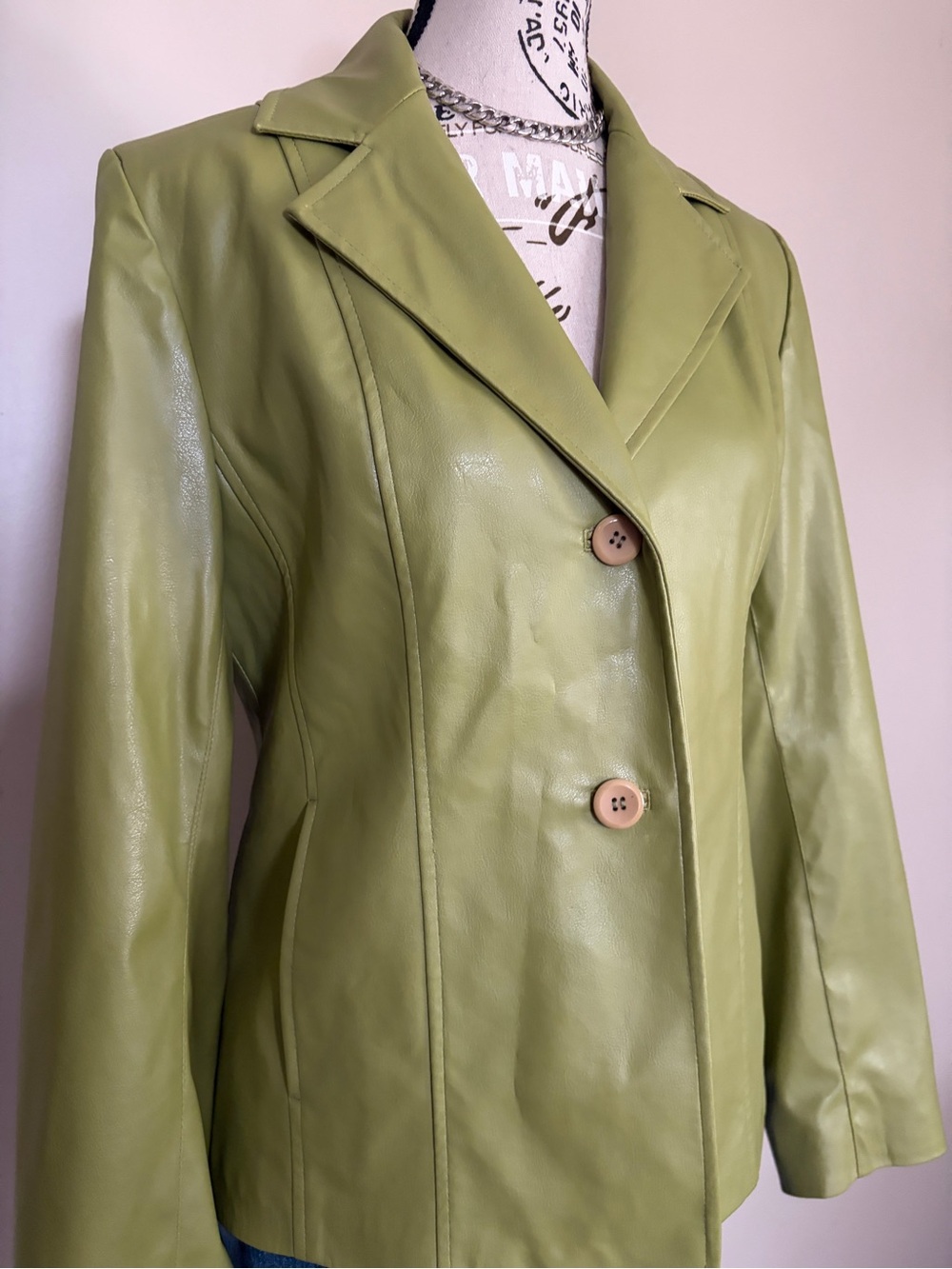 Vintage 90โs Y2K Green Faux Leather Blazer Jacket - Picture 2 of 11